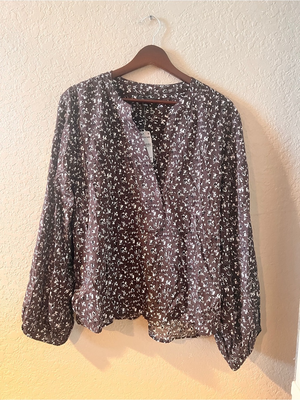 Madewell Brown and White Floral Split-Neck Blouse XXL